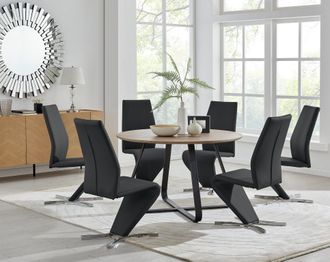 Furniturebox Santorini Brown Wood Effect Dining Table & 6 Willow Chairs in Black