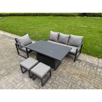 Fimous Aluminum Dining Set with Lifting Table, Chairs & 2 Small Stools in Dark Grey