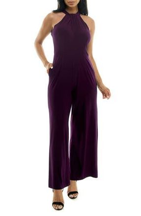 Nina Leonard Twist Halter Knit Jumpsuit in Black Plum at Nordstrom Rack, Size X-Large