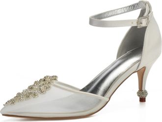 Generic Wedding Bridal Shoes Womens Low Heel Satin Ankle Strap Kitten Heel Pointed Toe Wedding Pumps Party Dress Shoes 7.5Cm,Ivory,7 UK