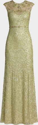 Mac Duggal Cap-Sleeve Beaded Mesh Column Gown