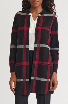 Kasper Plaid Longline Open Front Sweater Coat in Black/Fire Red at Nordstrom, Size Small P