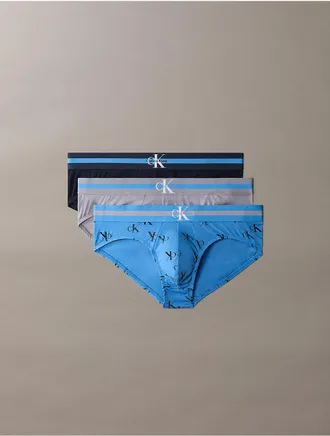 Calvin Klein Mens Graphic Monogram Cotton Stretch 3-Pack Hip Brief - Multi - XL