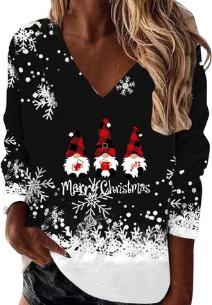 Generic V Neck Christmas Jumper Oversized T Shirts Xmas Tops Womens Ladies Christmas Shirts Long Sleeve Crewneck Sweatshirts Casual Print Ladies Pullover Tops
