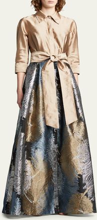 Teri Jon Taffeta Shirtdress w/ Feather Metallic Jacquard