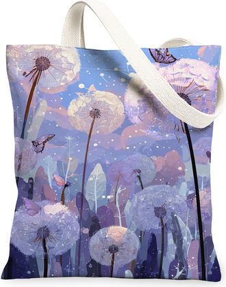Generic Floral Dandelion Canvas Tote Bags, Artistic Flower Pattern Reusable Grocery Bags, Spring Vintage Lightweight Washable Shoul, Violet, 13x15 Inch