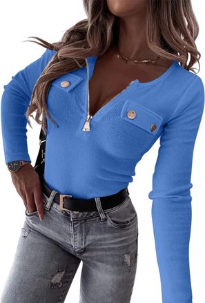 Generic Womens Ribbed Half Zip Long Sleeve Top with Button Detail Slim Fit Form Fitting Tunic Going Out Tops Stretchy Casual Blouse for Women Basic Base Layer