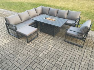 Fimous Aluminium 9 Seater Garden Furniture Outdoor Set Patio Lounge Sofa Gas Fire Pit Dining Table Set with Chair Big Footstools Dark Grey