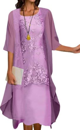 Generic Womens Flowy Floral Dresses with Jacket 2 Piece Set 3/4 Sleeve Sheer Chiffon Summer Cocktail Wedding Guest Dress (Purple,Large)