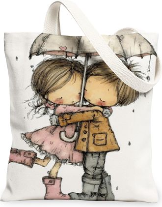 Generic Cute Couple Canvas Tote Bag, Adorable Love Illustration Lightweight Washable Shoulder Strap Reusable Grocery Bag for Spring, White, 13x15 Inch