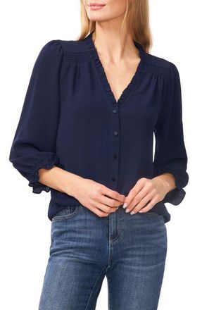 CeCe by Cynthia Steffe Ruffle V-Neck Blouse in Navy J at Nordstrom, Size X-Large