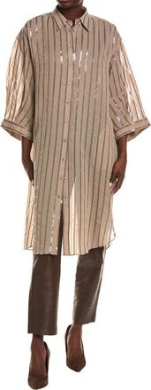 Brunello Cucinelli WomenS Coffee Cream Long Sequin Striped Cotton Shirt, Size XXS