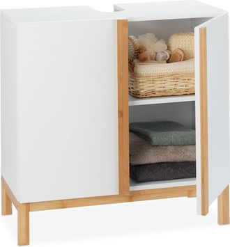 Relaxdays Relaxdays - Armario Bajo Lavabo, Dos Compartimentos, Mdf Y Bamb&uacute;, Blanco Y Marr&oacute;n, 60,5x60x30,5 Cm