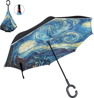 Alaza Inverted Golf Umbrella Van Gogh Starry Night Galaxy UV Anti Windproof Reverse Folding Umbrellas with C-Shape Handle for Car Outdoor Travel