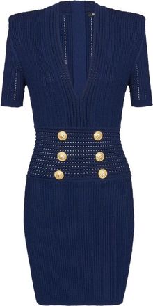 Balmain Gebreide minijurk met reli&euml;fknopen - Dames - Kleedjes - Blauw - XL - Kleedjes