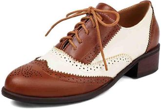 Generic Womens Contemporary Brogues Color Block Oxford Shoes with Low Heel for Work and Leisure Wear Round Toe Design,Brown,4.5 UK