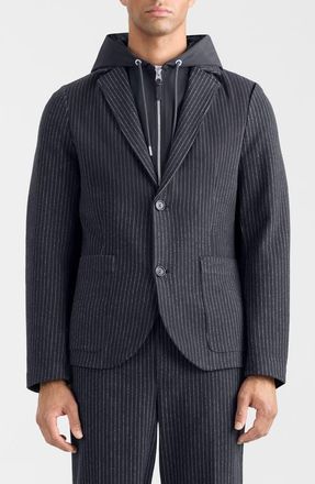 Mackage Wells Pinstripe Jacket with Removable Hooded Bib in Navy-Cream at Nordstrom, Size 38