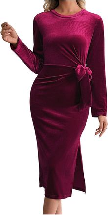 Generic Velvet Bodycon Dresses for Women UK Long Sleeve Side Split Midi Dress with Belt Ladies Elegant Wrap Party Pencil Dresses, Slim Fit Wedding Guest, Cock