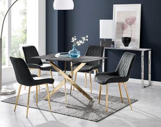 Furniturebox Leonardo Grey Glass Marble Effect Gold Leg Table & 4 Pesaro Gold Leg Chairs in Black