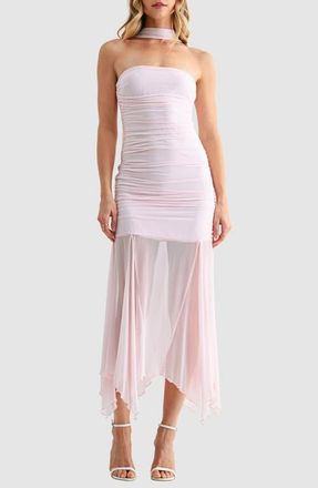 All in Favor Ruched Drop Waist Midi Dress with Scarf in Blush at Nordstrom, Size X-Small