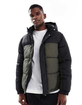 Jack & Jones Piumino nero e verde color block con cappuccio