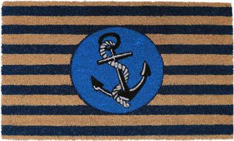 Imports Decor Anchor Print Coir Door Mat with Non-Slip PVC Backing, Natural Coconut Fiber Nautical Doormat, Weather Resistant Indoor Outdoor Entrance
