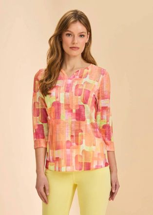 FDJ 3/4 Sleeve Notch Neck Top - Plus In Orange Rockefeller Abstract