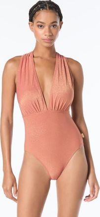 Vince Camuto Plunge Neck One-Piece Swimsuit in Almond at Nordstrom, Size 10
