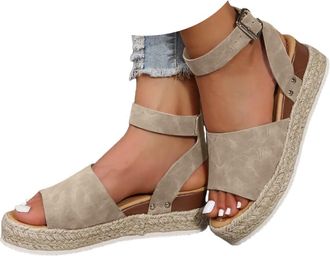 Generic Womens Platform Espadrilles Summer Open Toe Buckle Ankle Strap Beach Sandal Casual Comfortable Faux Leather Dressy Elegant Flats Sandals with Arch Sup