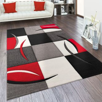Paco Home Paco Home - Alfombra Sal&oacute;n Varios Colores Y Tama&ntilde;os Motivo Cuadros Rayas Dise&ntilde;o 3d Pelo Corto 120x170 Cm, Rojo