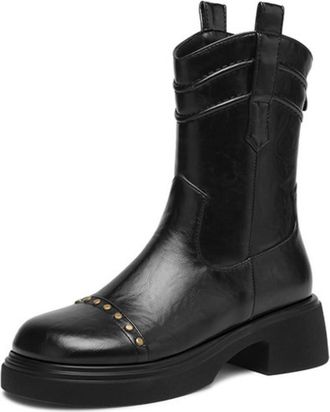 Generic Womens Round Toe Short Boots with Rivet Chunky Heel Combat Boots PU Leather Western Boot with Back Zipper,Black,2.5 UK