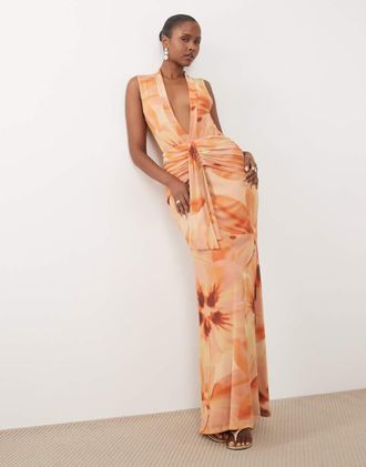 Asos vestito maxi in rete con stampa floreale arancione e scollo profondo-Multicolore
