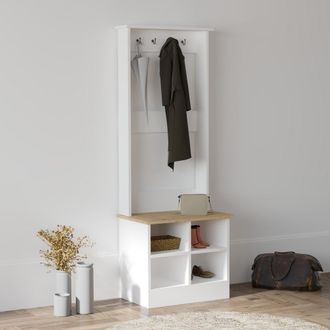 Dmora Mueble De Entrada Verderio, 6 Estantes, Perchero, 4 Compartimentos, 64x43x175h Cm Blanco