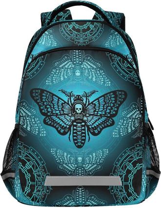 Alaza Laptop Backpack with Chest Strap, Gothic Blue Skull Moth Butterfly School Backpack, Travel Hiking Backpack for Boys Girls Teen Adult, Rucksack, Knapsa