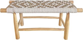 NATYAL Banco de madera de teca y fibra natural en tonos blancos 100 cm