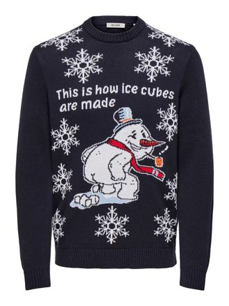 Only & Sons Rundhalspullover ONLY & SONS ONSX-MAX SNOW REG CREW KNIT, Herren, Gr. XL, schwarz navy detail:ice cubes, Strick, Obermaterial: 100% Baumwolle, gemuste