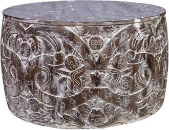 Wanderlust Deco Mesa de centro redonda de madera tallada artesanal marron 76x76x45