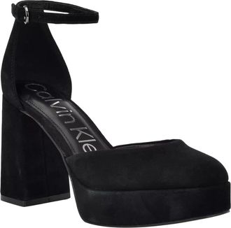 Calvin Klein Sabin Pump Womens Black Suede Ankle Strap Block Heel LION22
