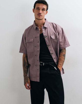 Liquor & Poker camicia in denim con dettaglio fibbia da pompiere lavata taupe-Marrone