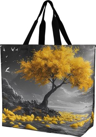 Generic Yellow Tree Boat Reusable Shopping Bags One Shoulder Grocery Tote Bag Waterproof Big Purse for Work Travel