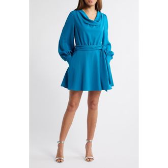 Black Halo Russel Tie Waist Long Sleeve Minidress in Azure Blue at Nordstrom Rack, Size 12