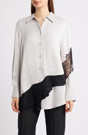 BOSS Belacey Lace Trim High-Low Tunic Shirt in Pebble at Nordstrom, Size 10