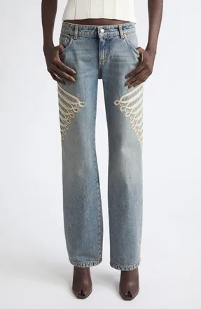 Alexander McQueen Embroidered Bootcut Jeans in Blue Midwash at Nordstrom, Size 26