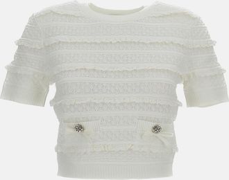 Self Portrait T-shirt Bianca In Maglia Pointelle