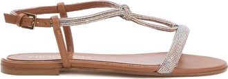 Ninalilou Lage leren sandaal met strasssteentjes - Dames - Sandalen - Bruin - 36 1/2 EU - Leer - Schoenen