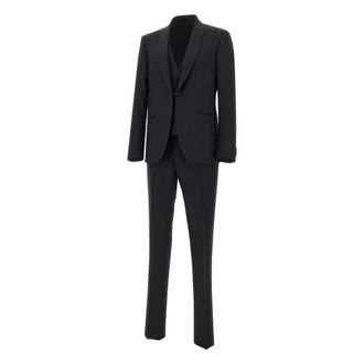 Corneliani Single Breasted Suits, male, Black, Size: 2XL Satin-trim Three-piece Suit