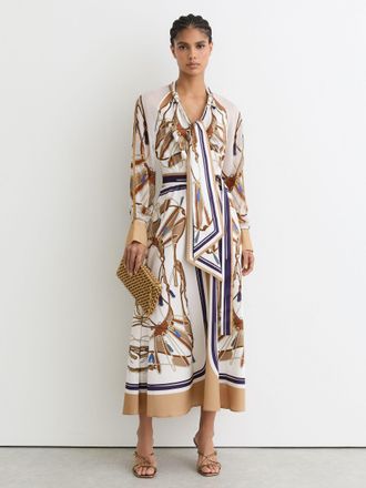 Reiss & neutral Petite Foulard-print Tie-neck Midi Dress, 10