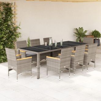 vidaXL Set Comedor Jard&iacute;n 9 Pzas Y Cojines Rat&aacute;n Sint&eacute;tico Vidrio Gris Vidaxl