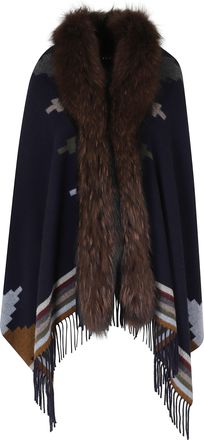 Bazar Deluxe Blue Geometric Print Faux Fur Neckline Wool Poncho