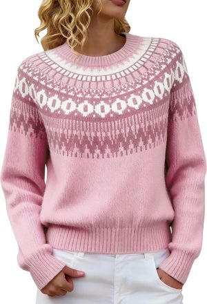 Generic Fair Isle Jumpers for Women UK Retro Crew Neck Icelandic Art Printed Knitted Pullover Crew Neck Casual Fashion Sweater Plus Size Tops Winter Warm Ladi